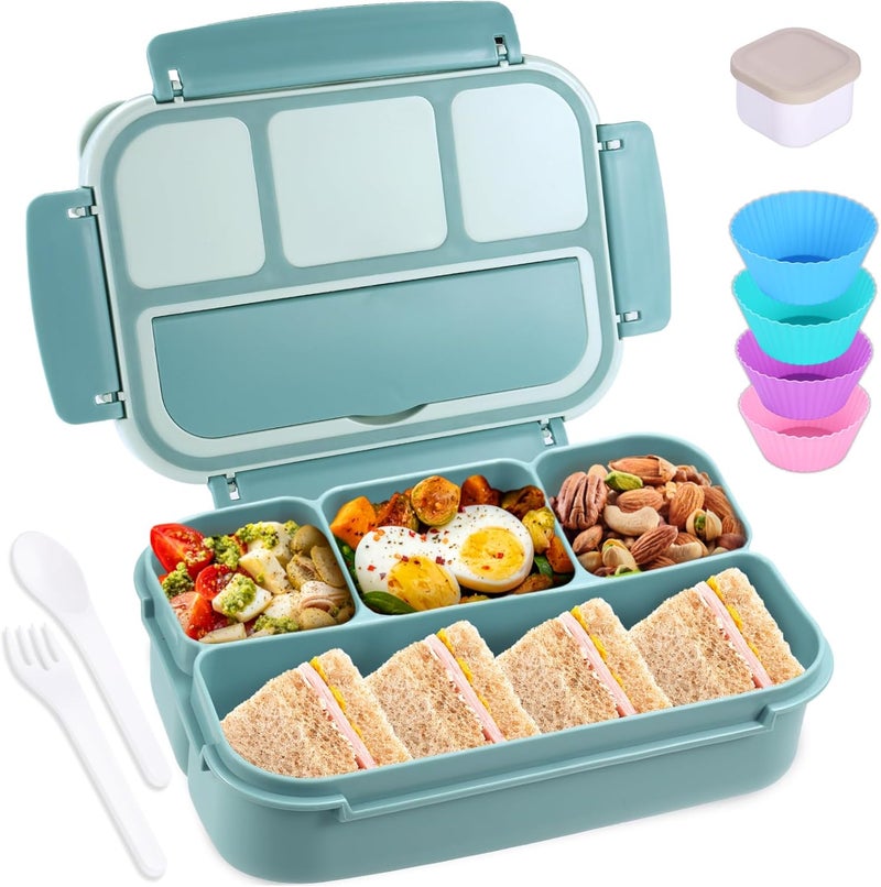 shell and turtle Bento Box Adult Lunch Box, Lunch Containers for Kids Girls Boys with 4 Compartments, Lunchable Food Container with Utensils, Sauce Jar, Muffin Liners, 40 Oz/5 Cup, Light Teal - Image 1